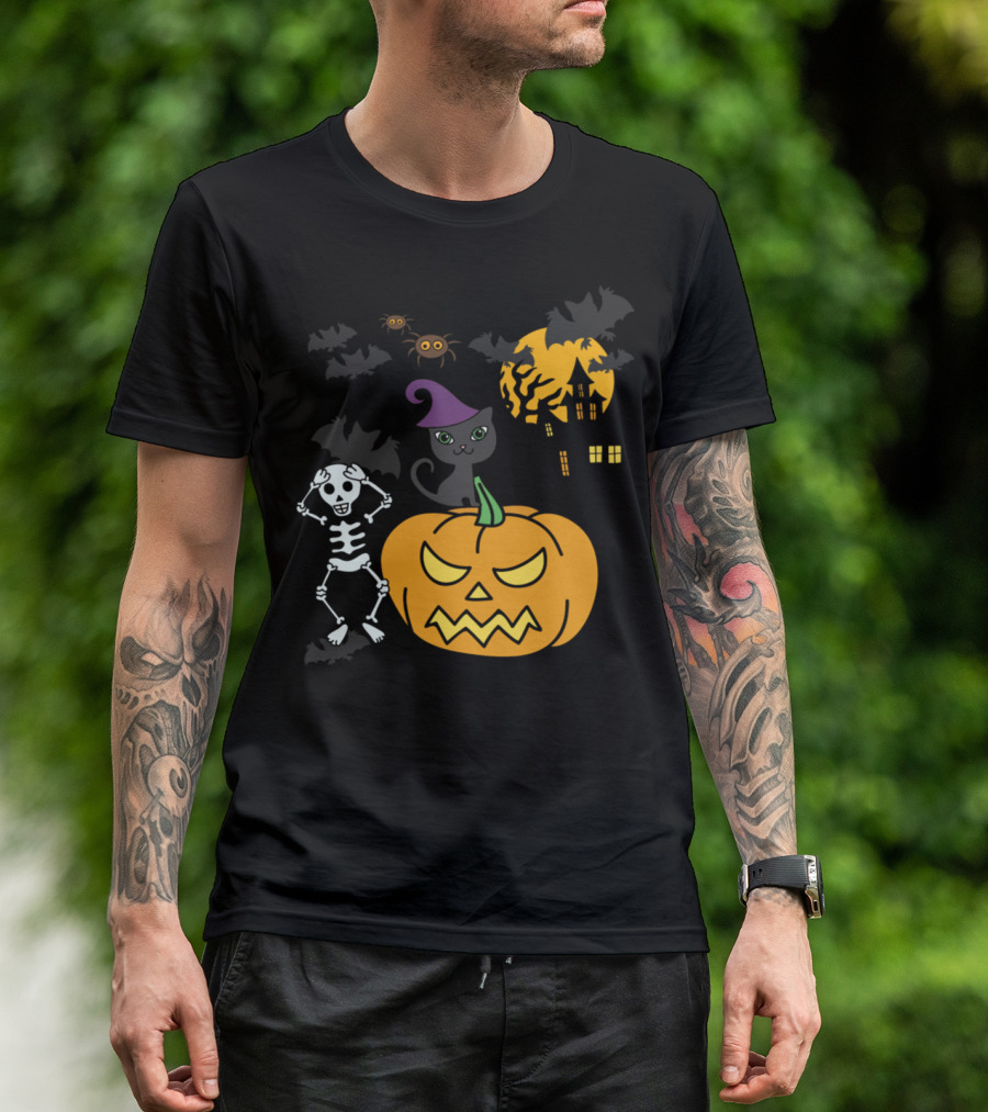 Frightful Fun Halloween Skeleton Jack-o'-Lantern Haunted House Black Cat And Spiders T-Shirt