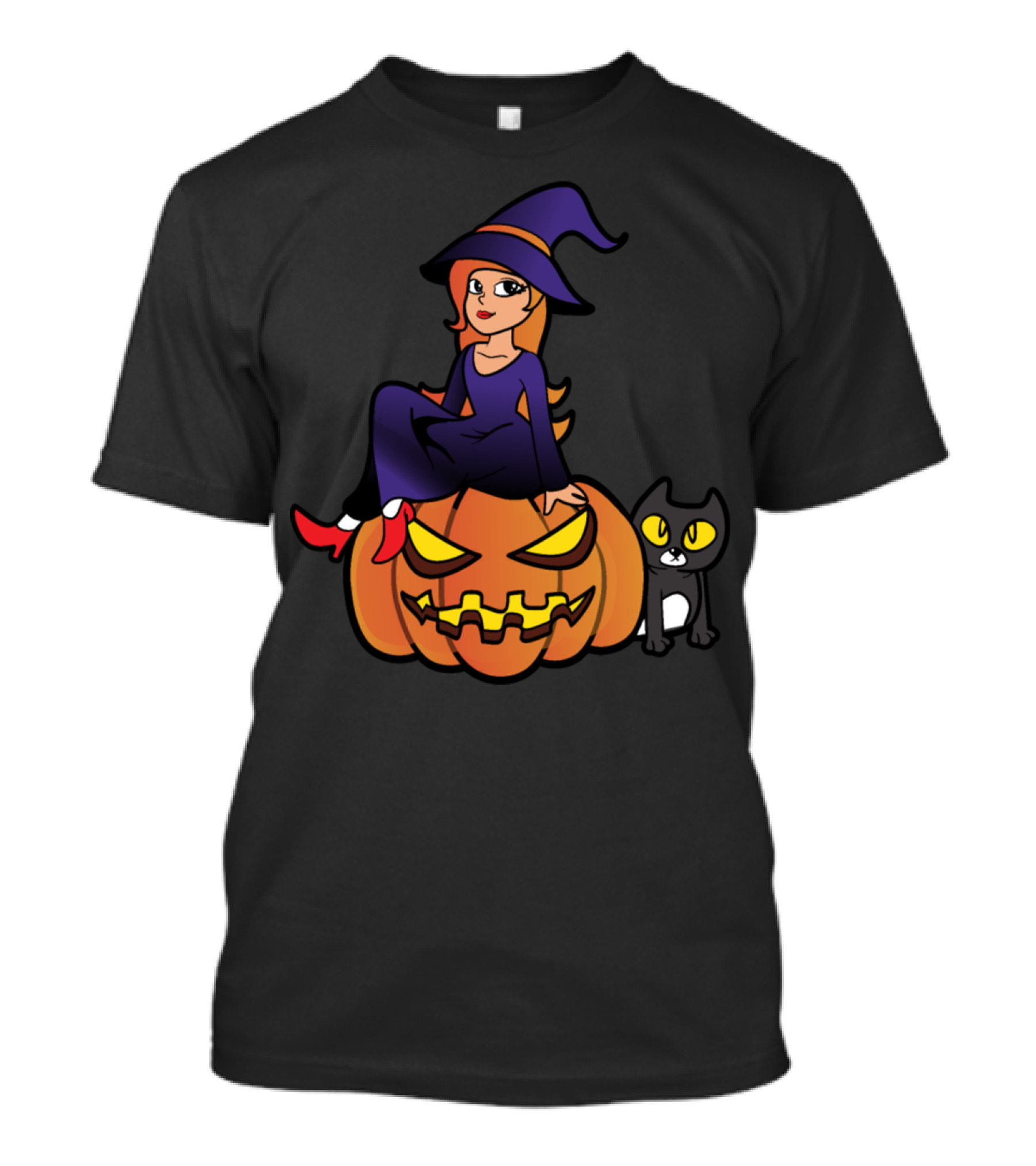 Halloween Witch Sitting On Pumpkin With Black Cat T-Shirt