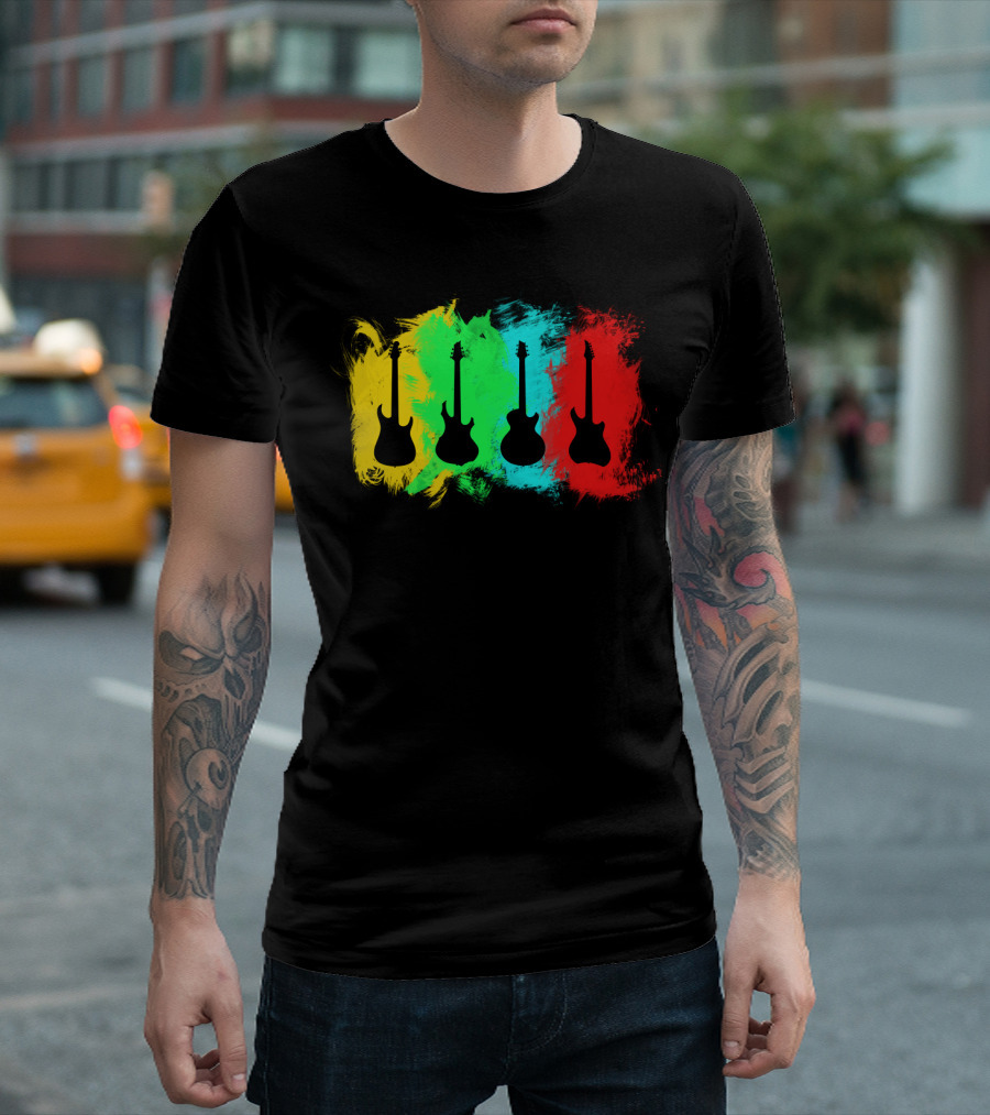 Colored Guitars Electric Acoustic Silhouette Yellow Green Blue Red T-Shirt