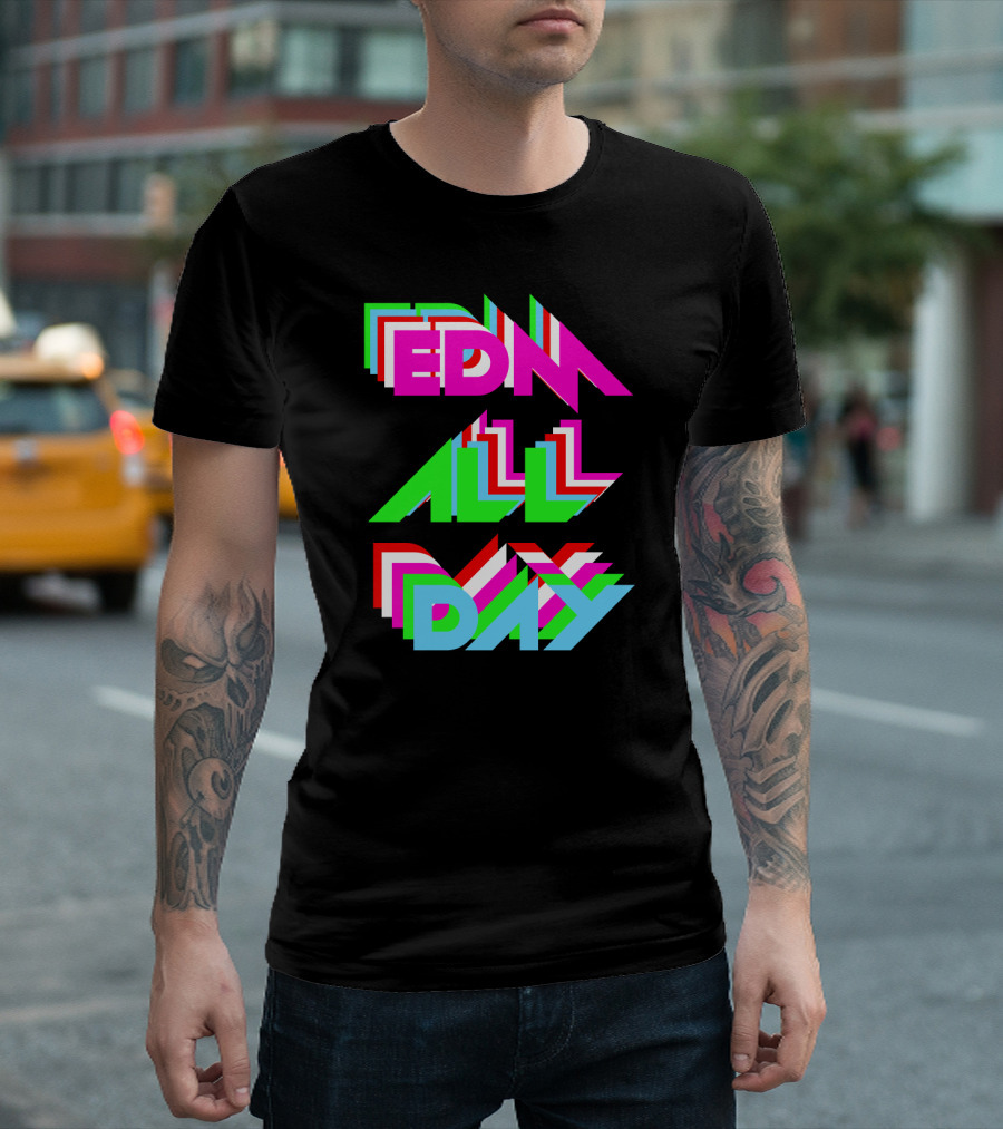EDM All Day Cool Neon Anaglyph Style Rave Black Ink T-Shirt