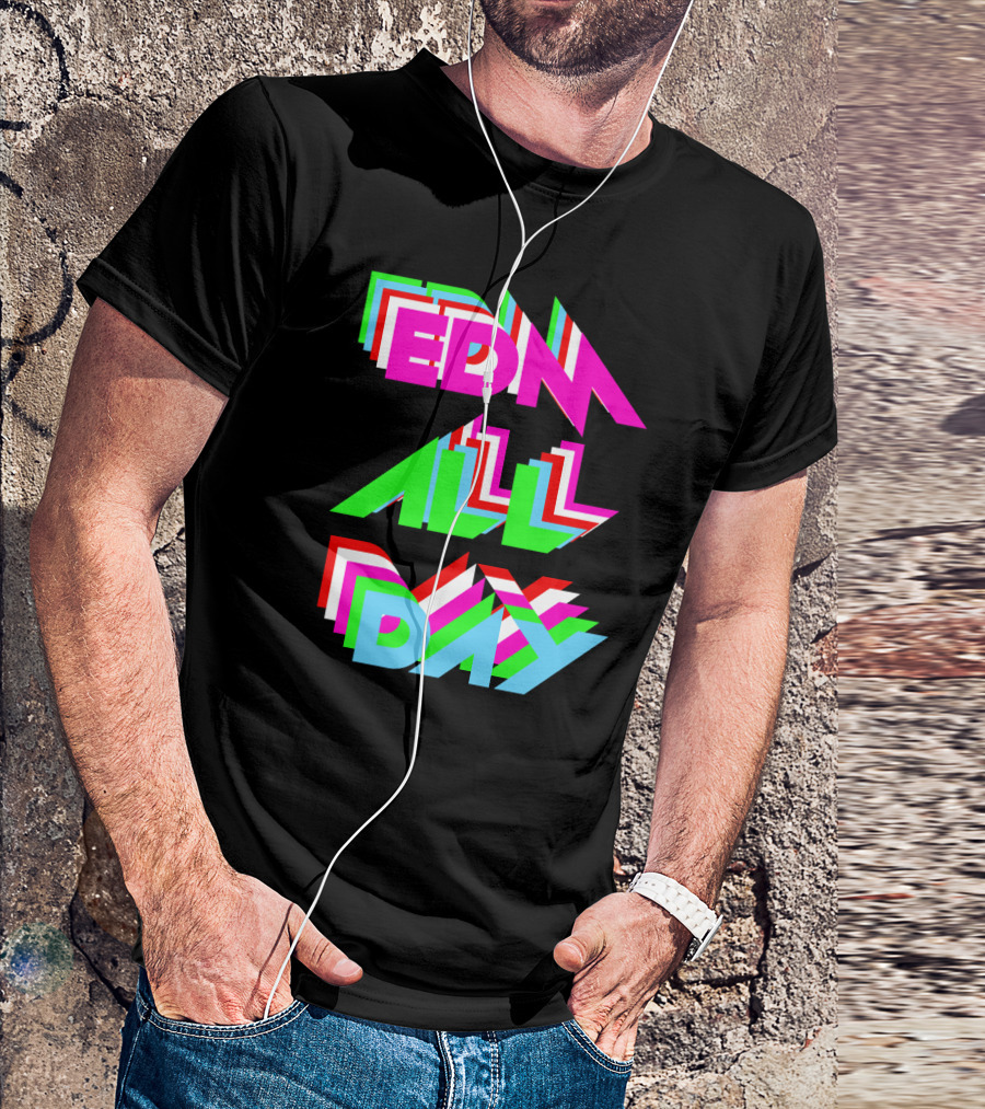 EDM All Day Cool Neon Anaglyph Style Rave Black Ink T-Shirt
