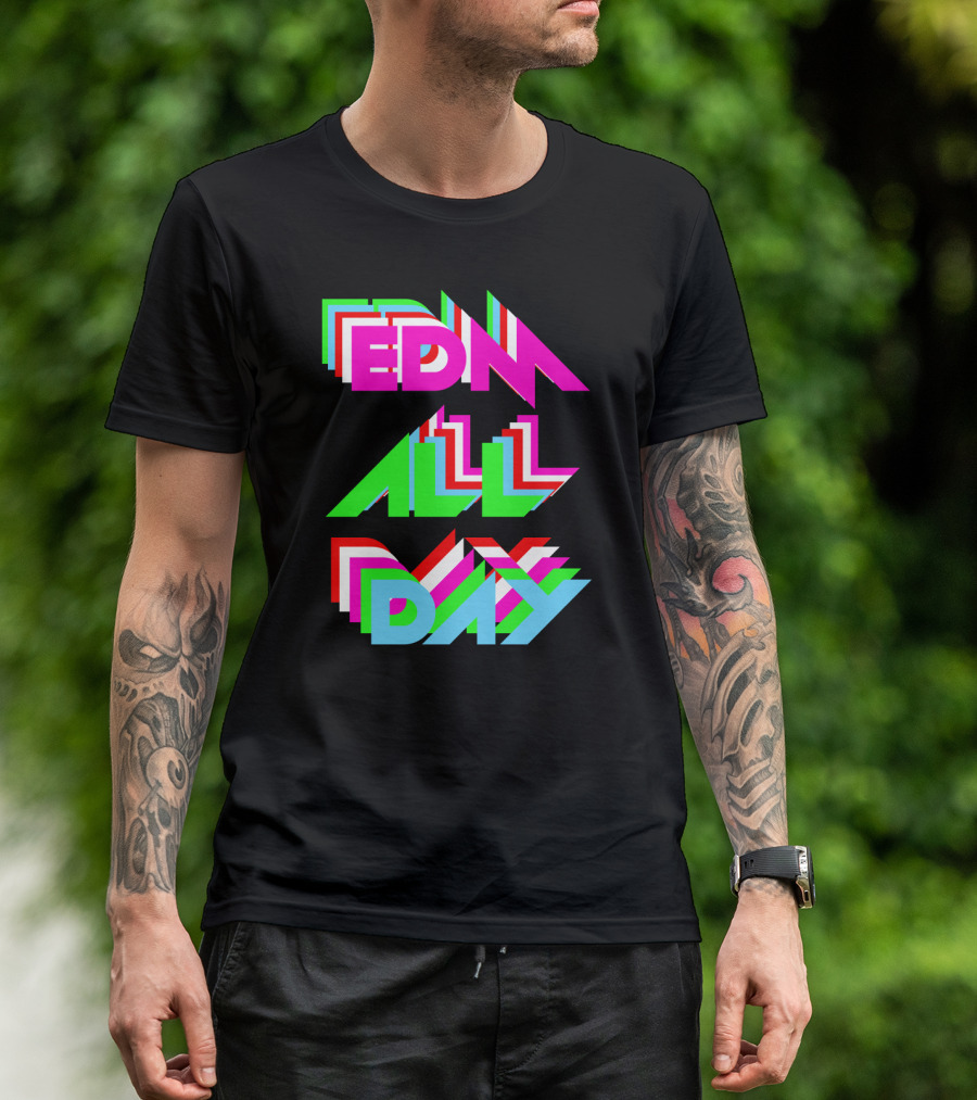 EDM All Day Cool Neon Anaglyph Style Rave Black Ink T-Shirt