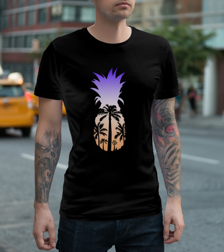 Pineapple Palm Tree Beach Sunset Scene T-Shirt