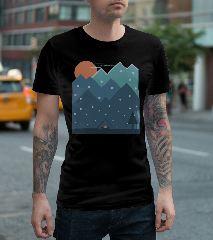 Winter Dream Night Scene with Snowy Mountains and Campfire Under Orange Moon T-Shirt