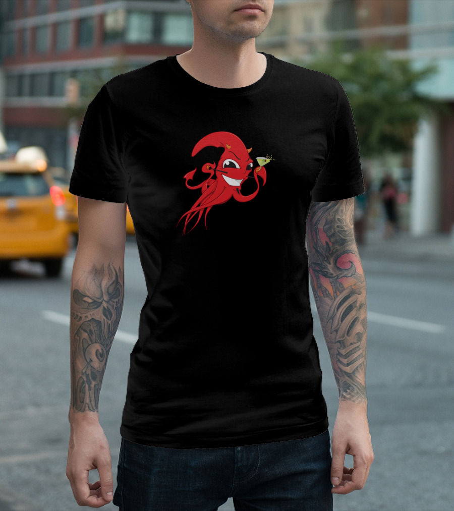 Smiling Red Squid Monster Holding Martini in Last Call of Cthulhu Scene T-Shirt