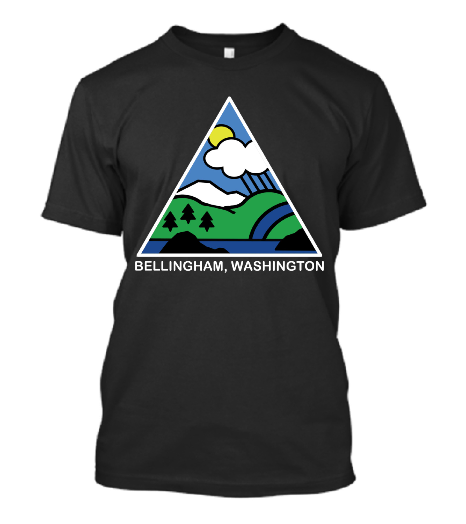 Bellingham Washington Mountain Trees River Sun Clouds Icon In White Outline T-Shirt