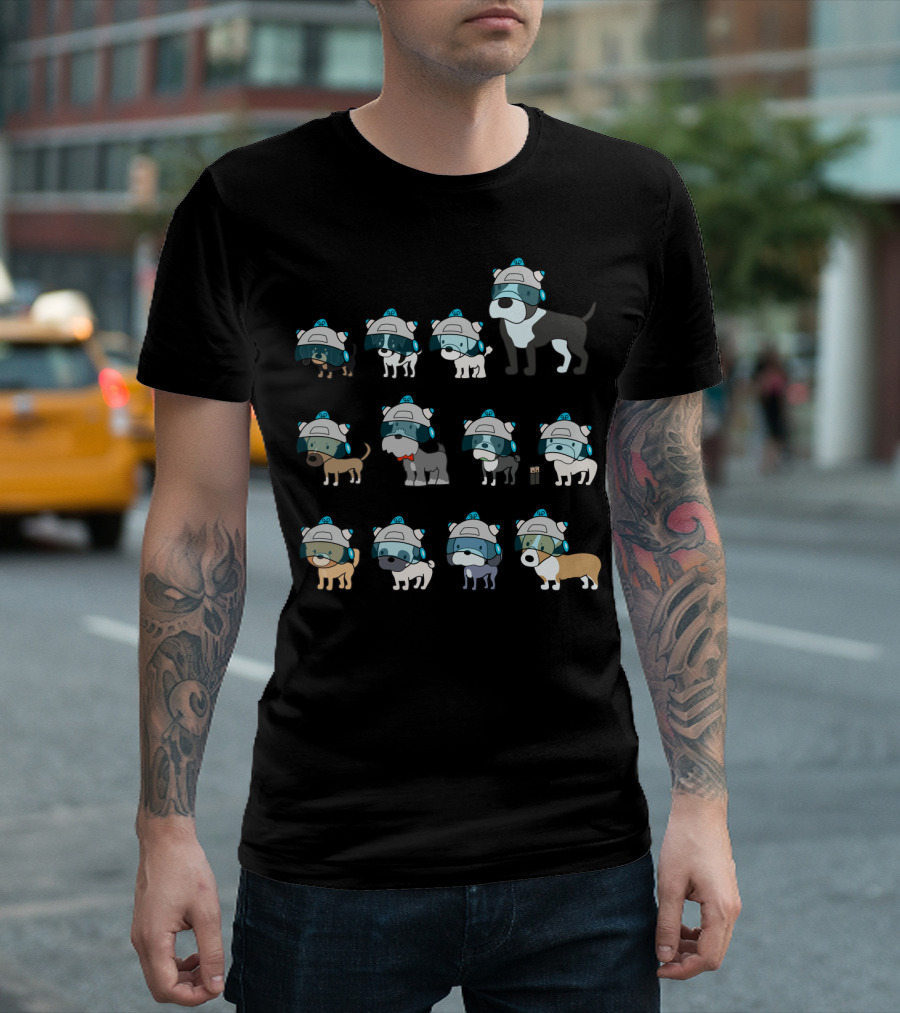 Mick and Rorty Lawnmower Dogs: Futuristic Helmet-Wearing Cartoon Canines T-Shirt
