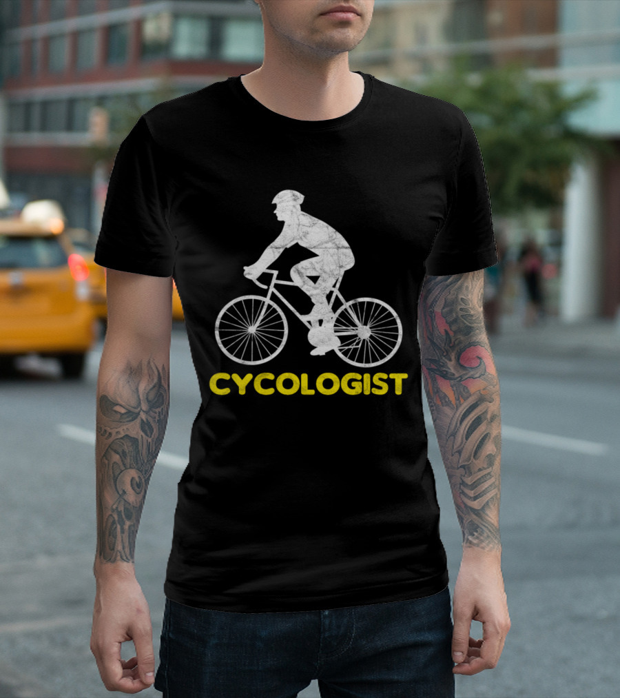 Cycologist Yellow Text with Cyclist Silhouette on Bicycle T-Shirt