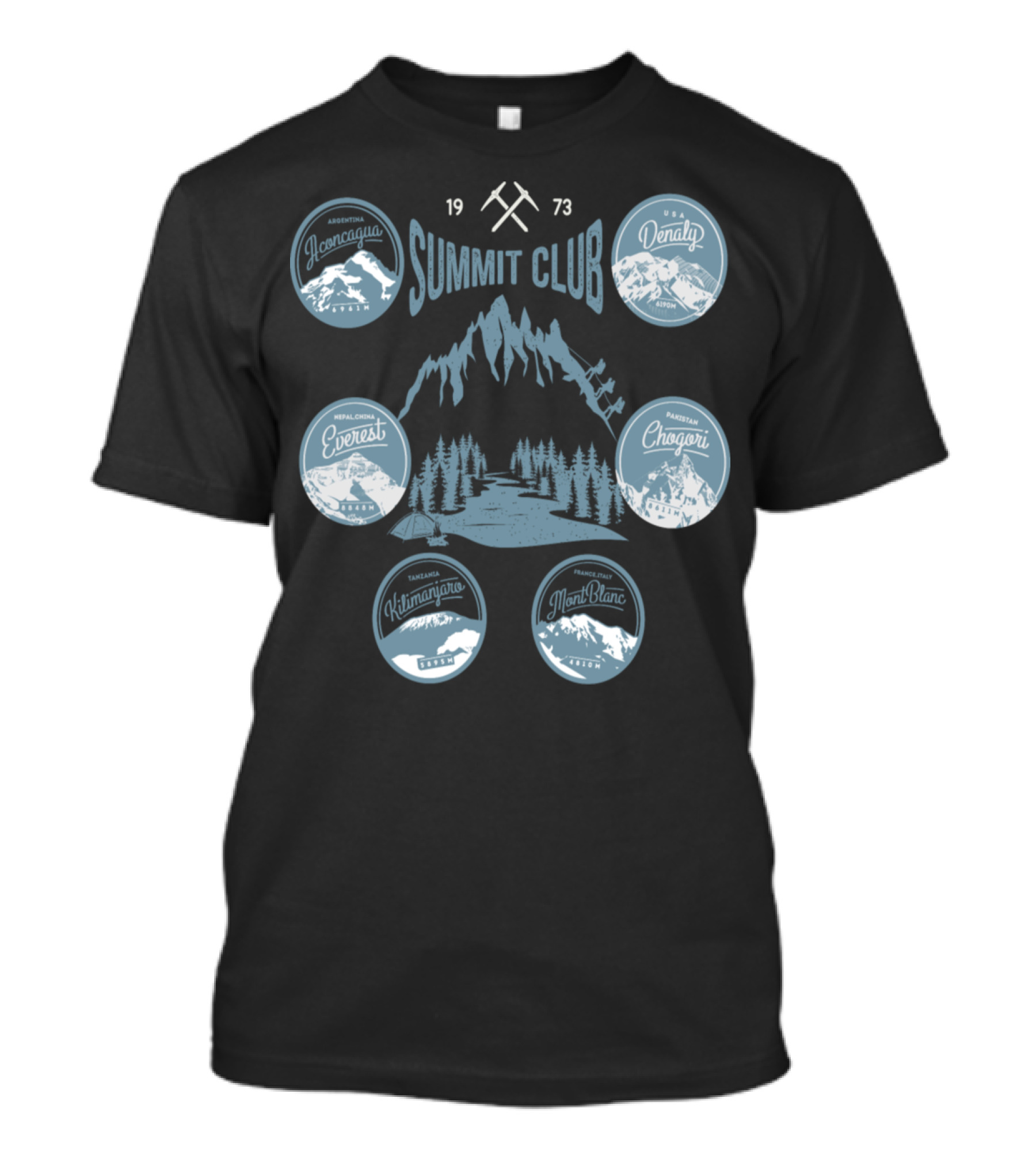Summit Club 1973 Aconcagua Denali Everest Chogori Kilimanjaro Mont Blanc T-Shirt