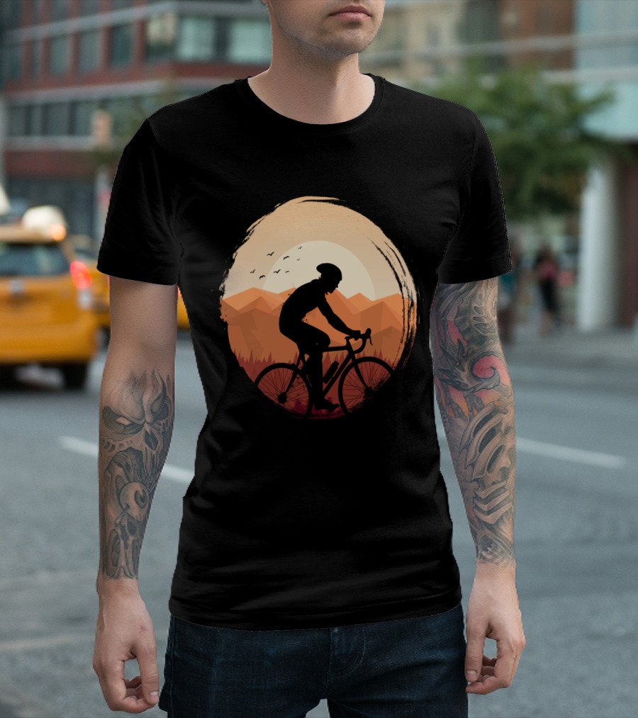 Bike Sunset Silhouette Against Mountain Backdrop in Circular Frame T-Shirt