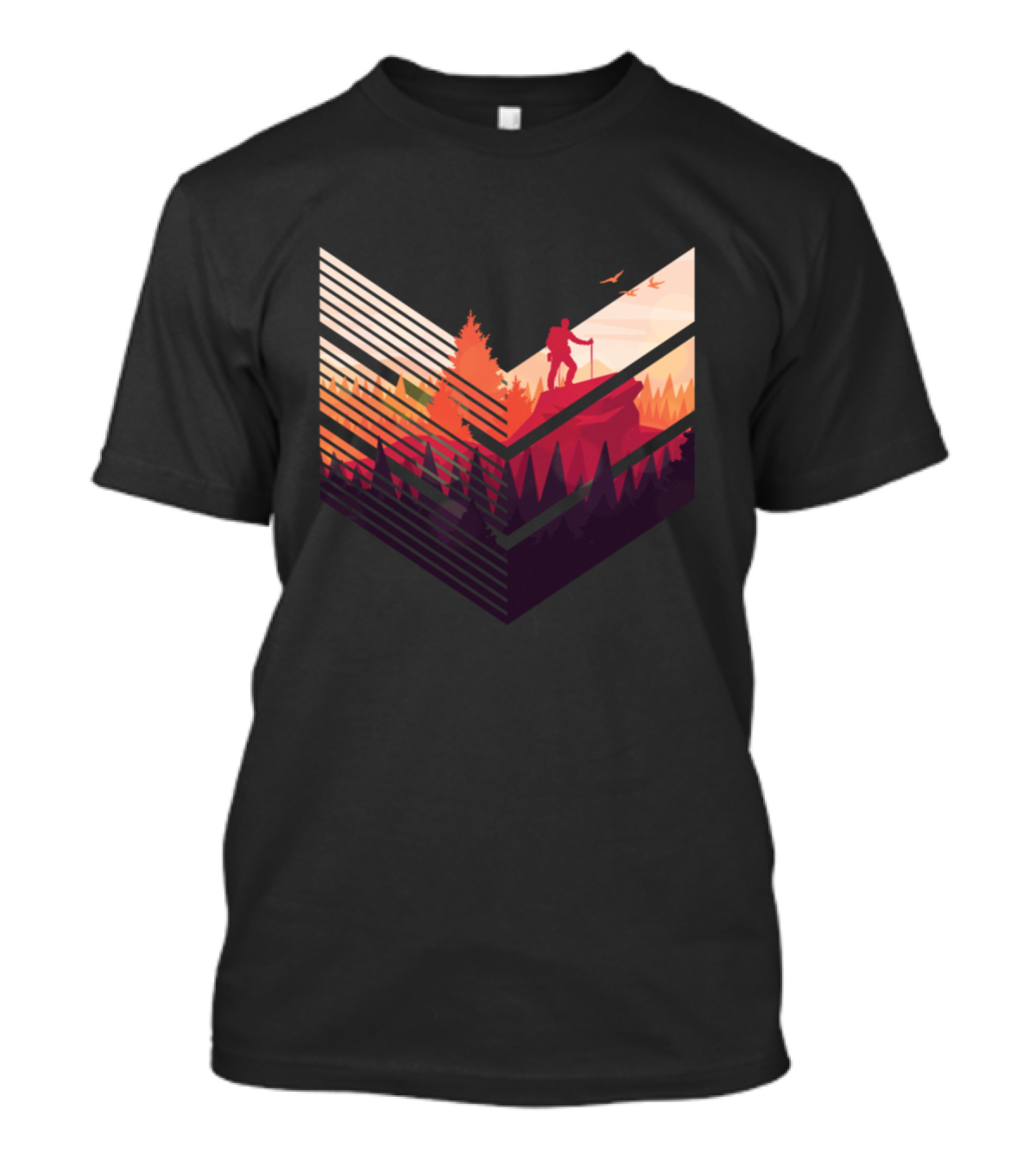 Hiking For Sunset Adventure With Vibrant Forest Silhouette And Mountainous Landscape T-Shirt
