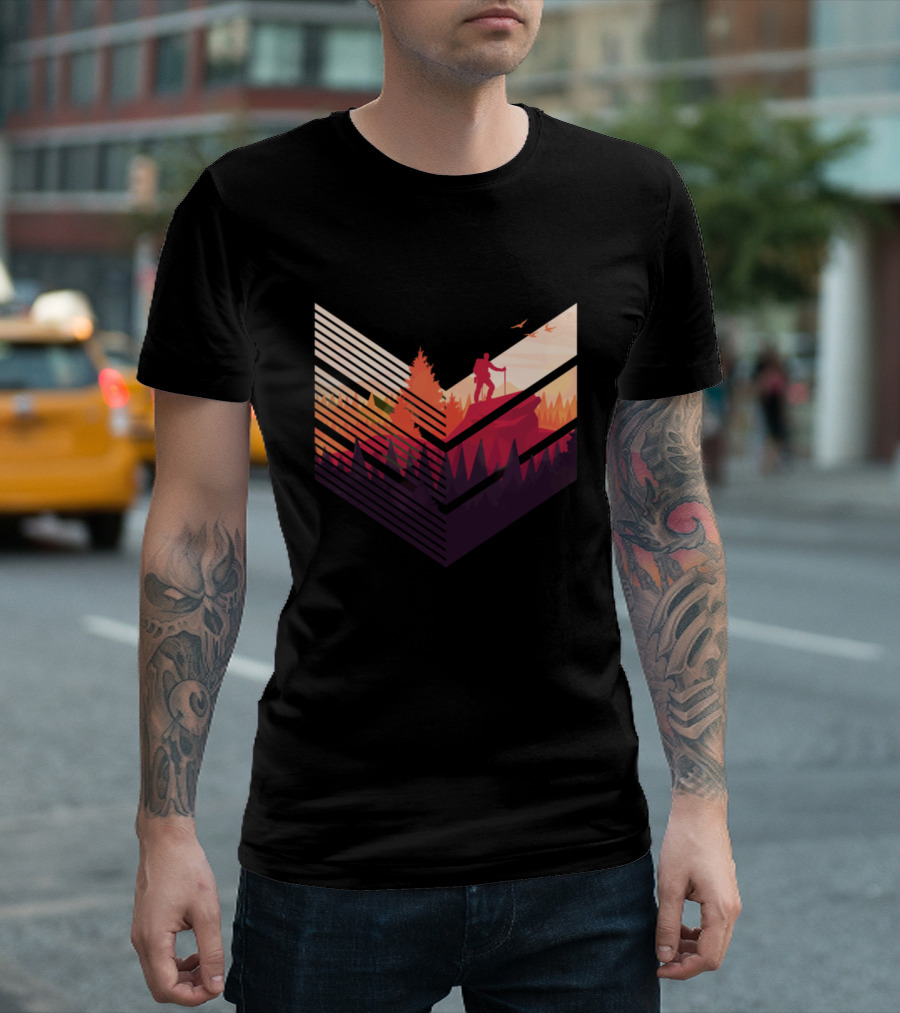 Hiking For Sunset Adventure With Vibrant Forest Silhouette And Mountainous Landscape T-Shirt