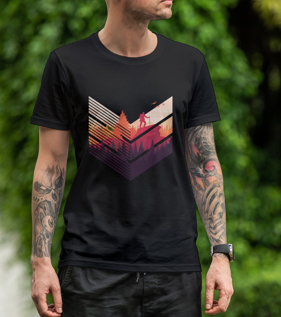Hiking For Sunset Adventure With Vibrant Forest Silhouette And Mountainous Landscape T-Shirt