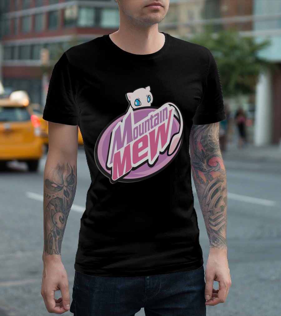 Mountain Mew Logo with Adorable White Cat and Purple Background T-Shirt
