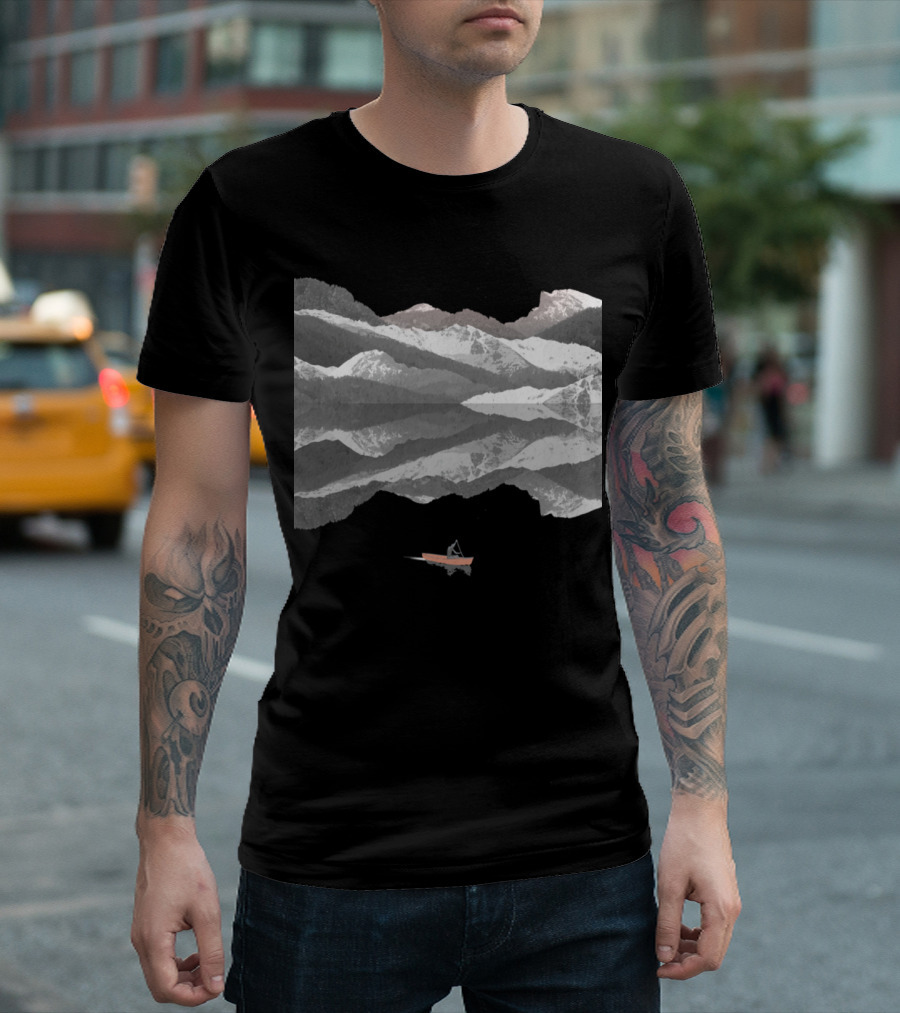 Mountain Lake Reflection with Boat and Snowy Peaks T-Shirt