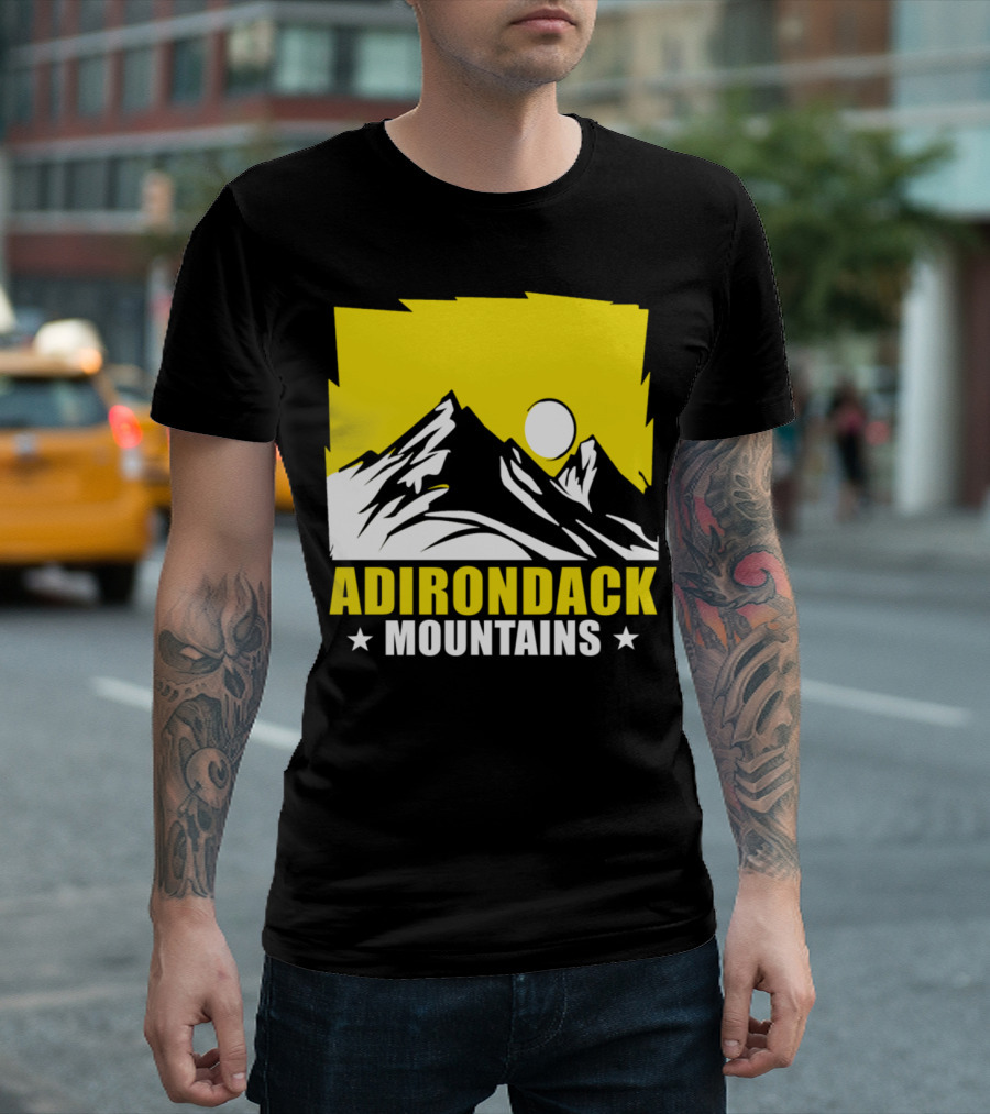Adirondack Mountains Yellow Black Silhouette with Sun and Stars T-Shirt