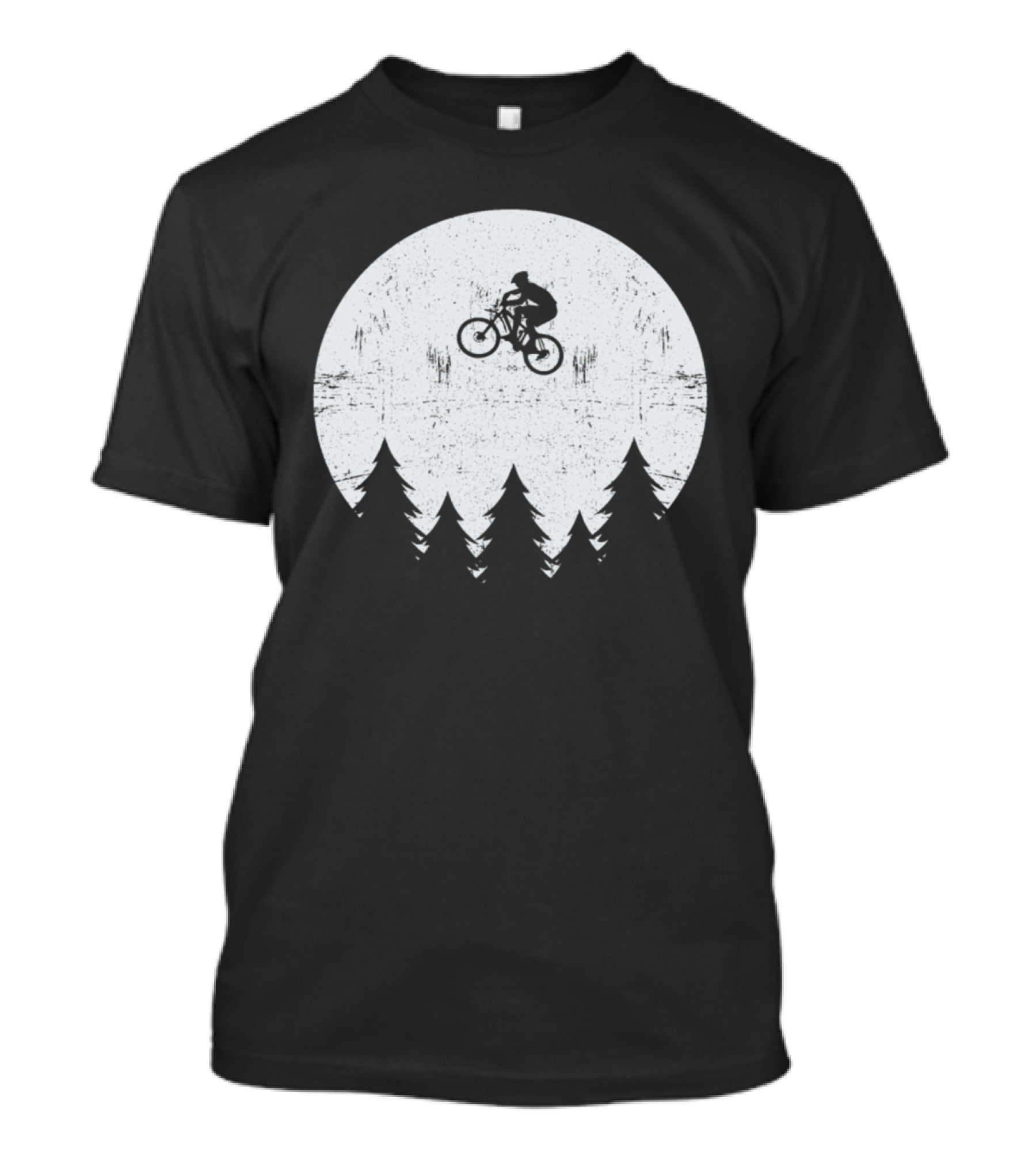 Mountain Bike Flying Over Forest Silhouette Moon Background T-Shirt