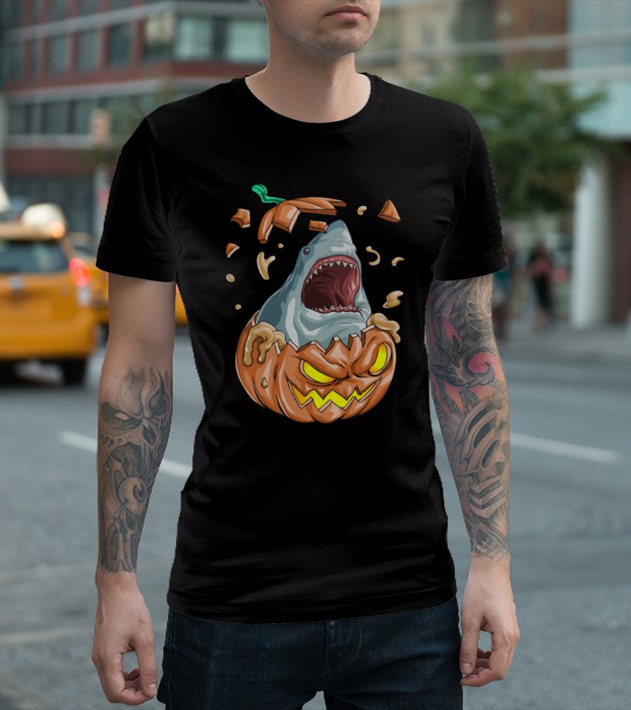 Shark Bursting from Jack-O'-Lantern Pumpkin T-Shirt