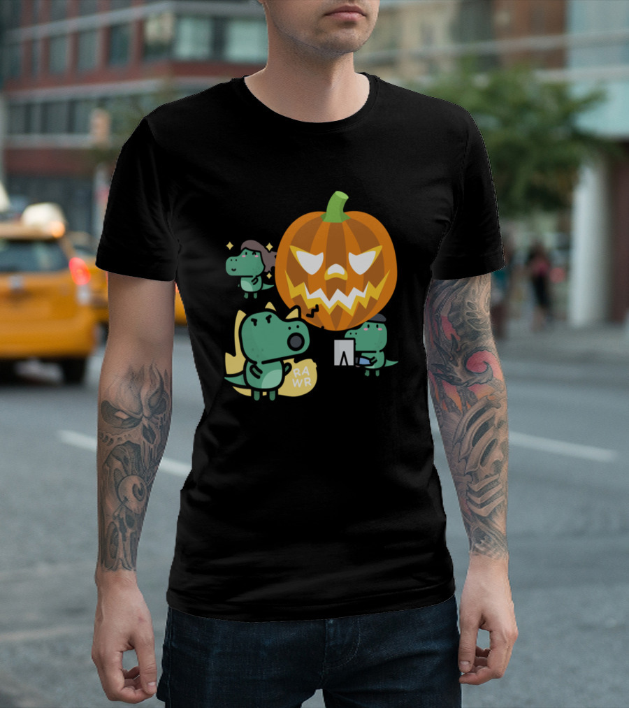 Dinosaur Pumpkin Trio With Jack-o'-Lantern and Easel Rawr T-Shirt