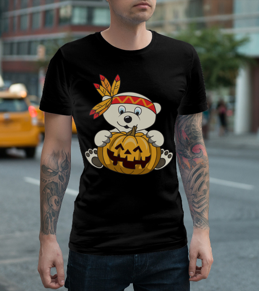 Halloween Indian Polar Bear Holding Pumpkin T-Shirt