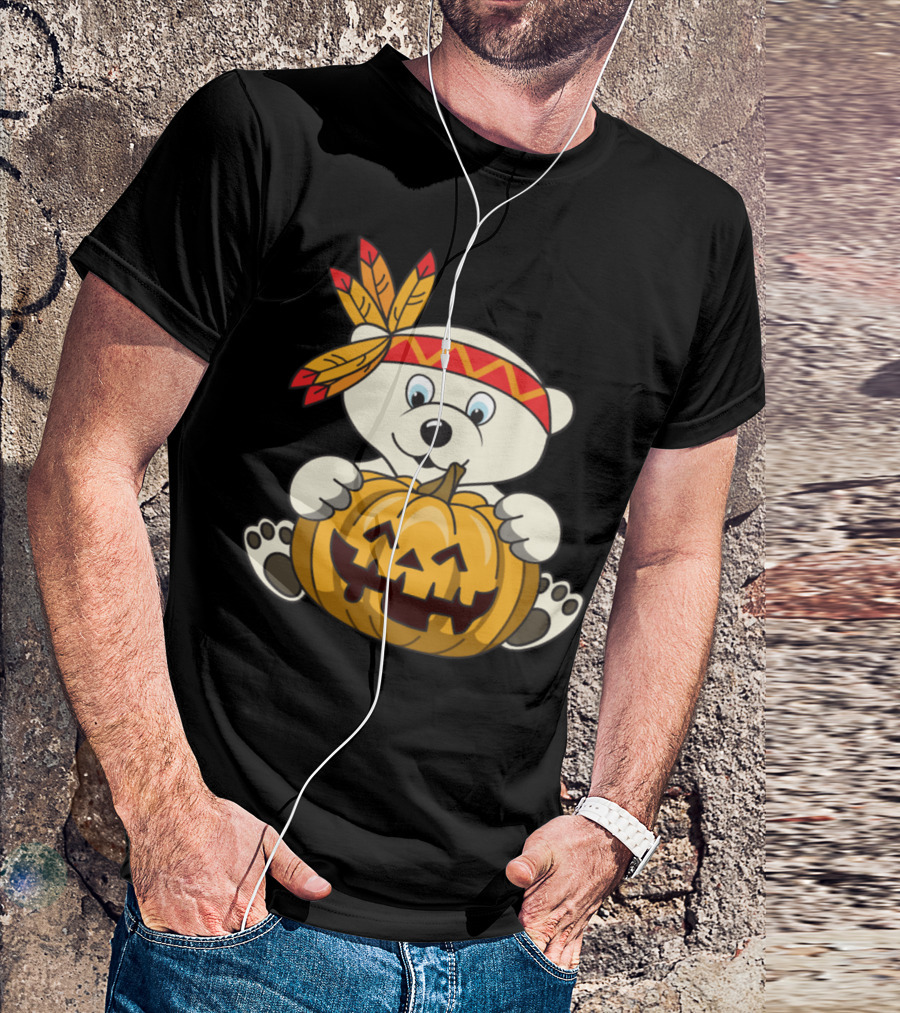Halloween Indian Polar Bear Holding Pumpkin T-Shirt