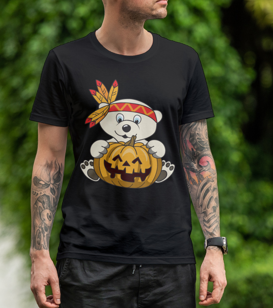 Halloween Indian Polar Bear Holding Pumpkin T-Shirt