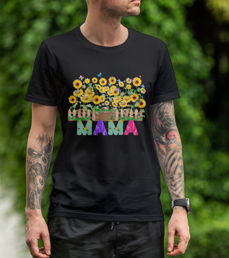MAMA Sunflower Garden With Butterflies And Flowers T-Shirt