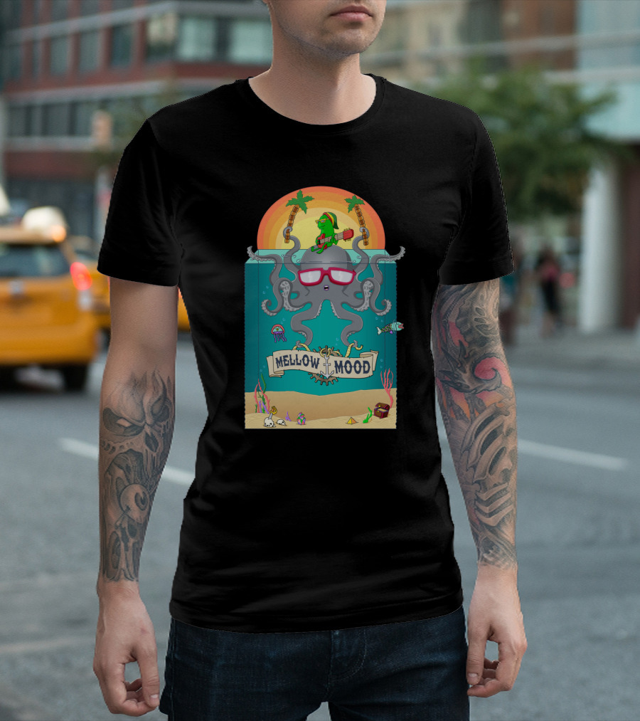 Mellow Mood Octopus with Guitar and Tropical Beach Sunset T-Shirt