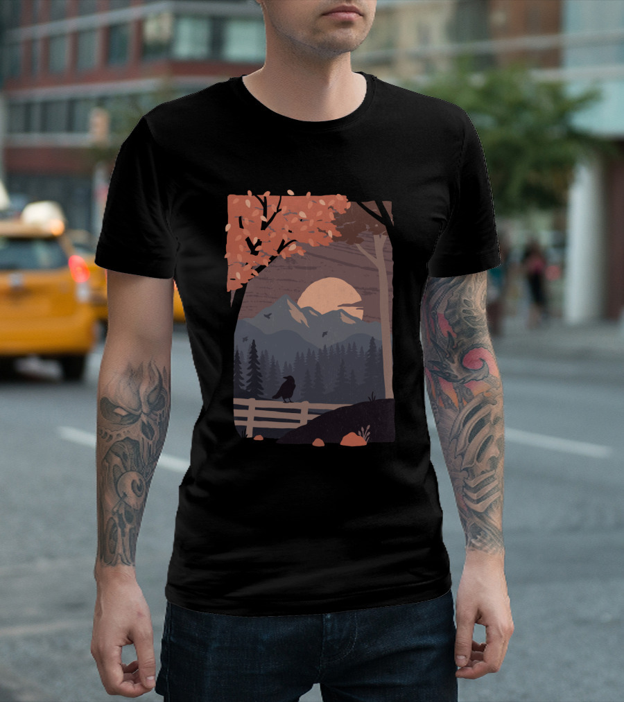 Harvest Moon Autumn Mountain Scene with Crow and Sunset T-Shirt