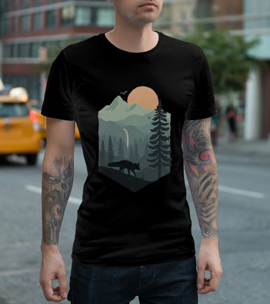 Blue Ridges Sunrise with Mountains Forest and Silhouette of a Fox T-Shirt