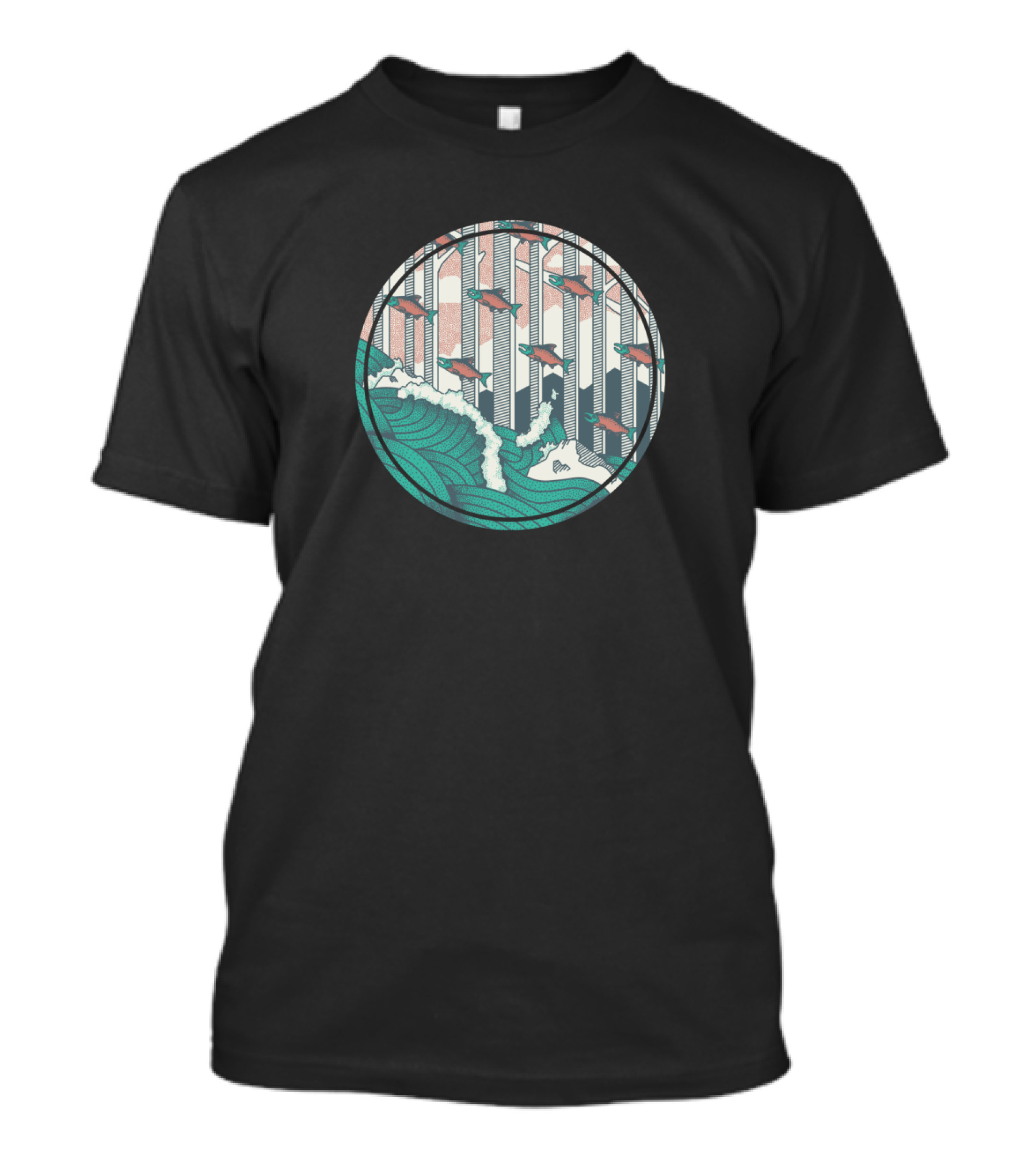 Salmon Journey Upstream Through Waves And Trees In Circular T-Shirt