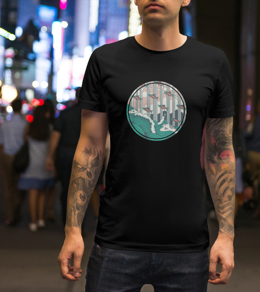 Salmon Journey Upstream Through Waves And Trees In Circular T-Shirt