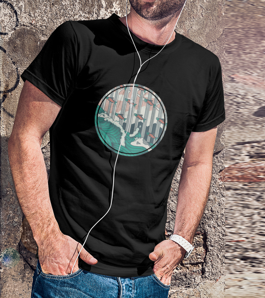Salmon Journey Upstream Through Waves And Trees In Circular T-Shirt