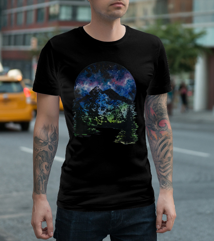Space Mountain Night Sky and Aurora Over Mountain T-Shirt