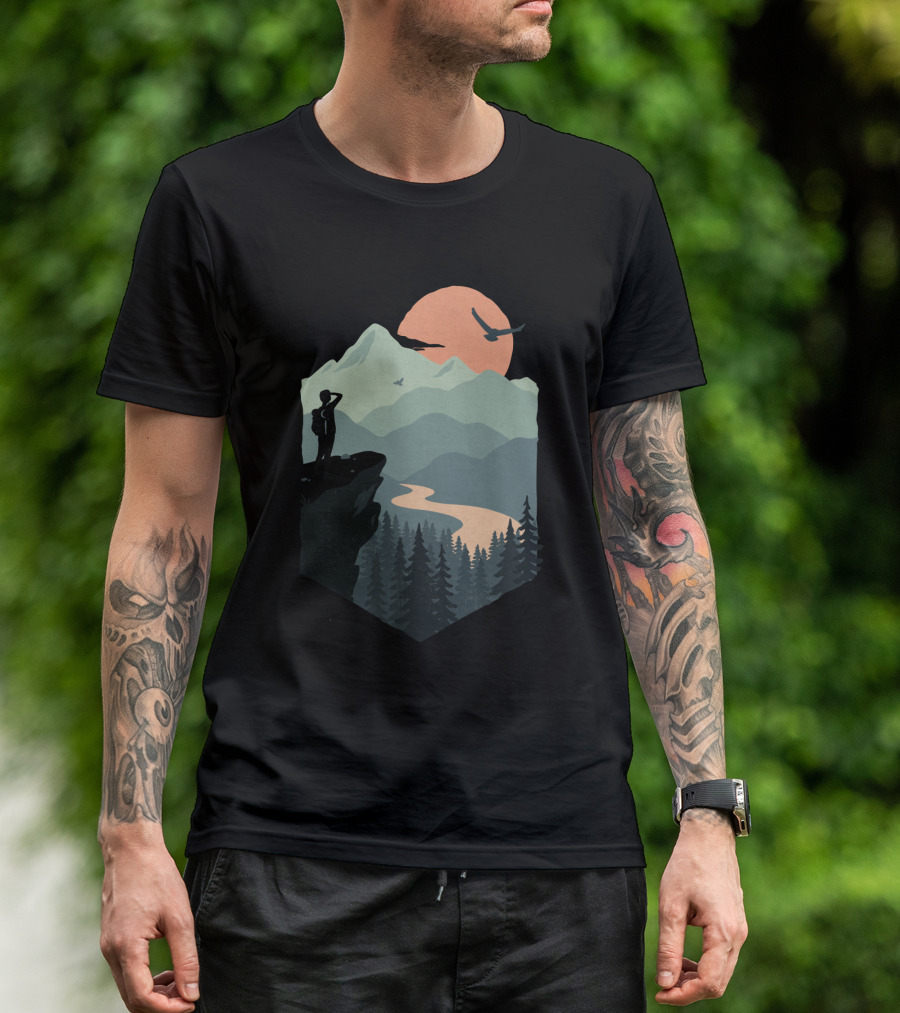 Vast Views Scenic Mountain Sunset With Silhouette And Birds T-Shirt