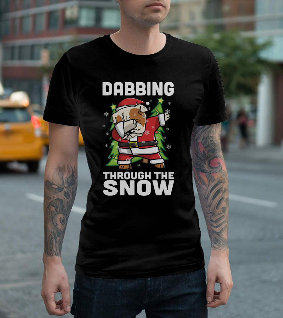 Dabbing Through the Snow English Bulldog Santa with Christmas Trees and Snowflakes T-Shirt