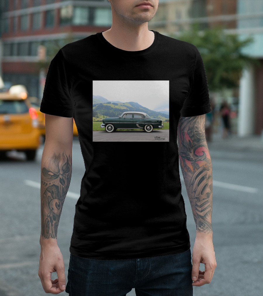Swiss Chevy by Heidi Van Horne Classic Car Scenic Mountain Background T-Shirt