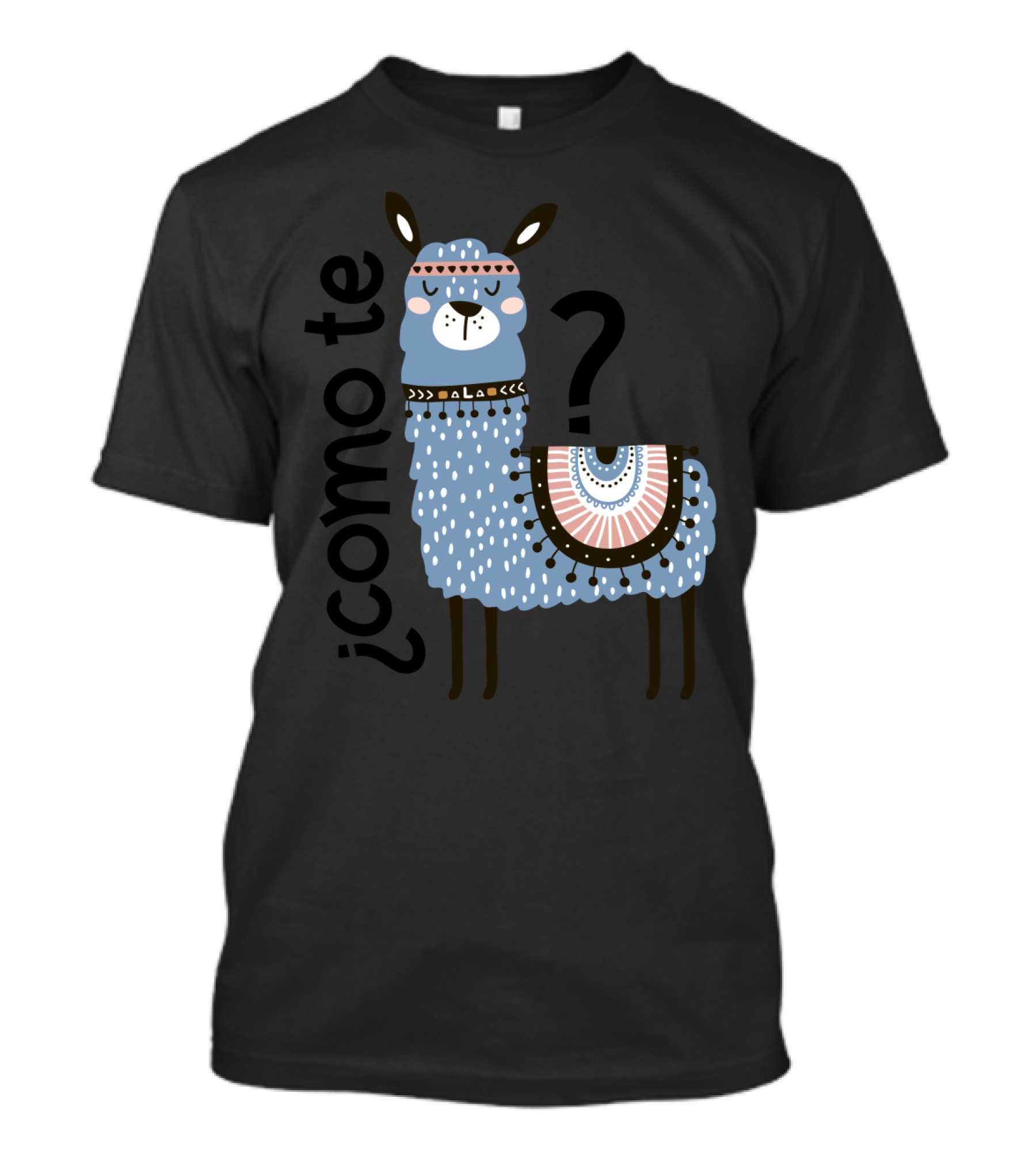 Como Te Llamas Blue Llama Illustration With Decorative Blanket And Accessories T-Shirt