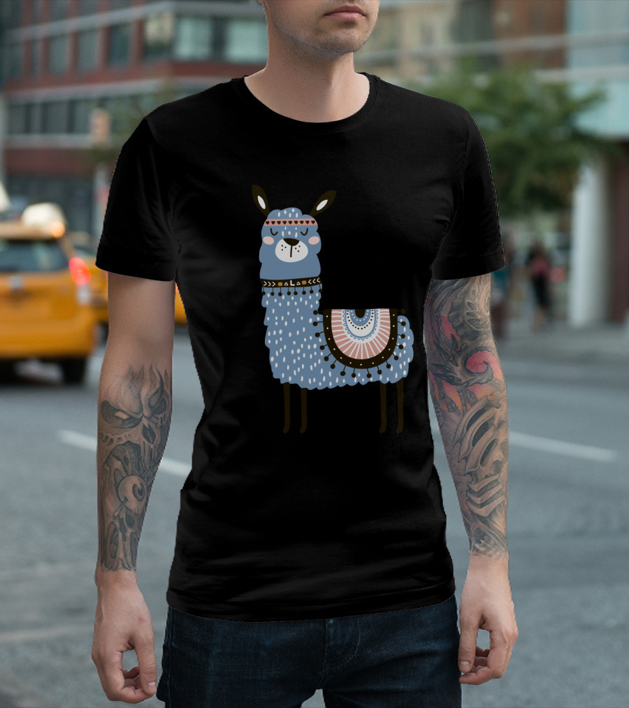 Como Te Llamas Blue Llama Illustration With Decorative Blanket And Accessories T-Shirt