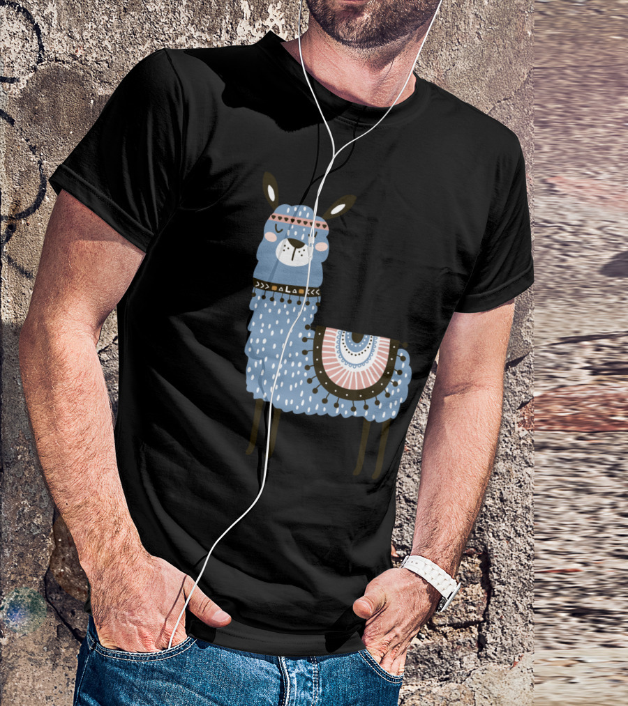 Como Te Llamas Blue Llama Illustration With Decorative Blanket And Accessories T-Shirt