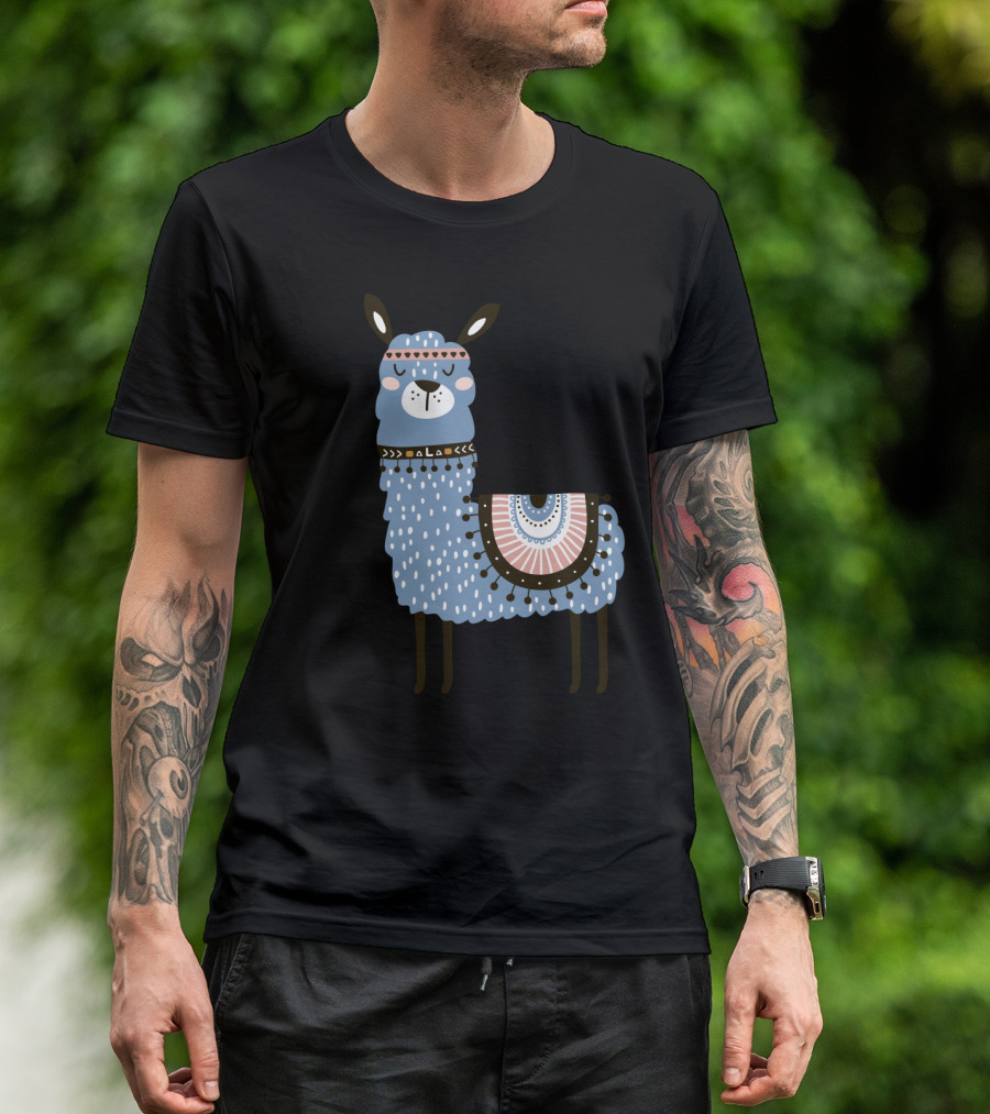 Como Te Llamas Blue Llama Illustration With Decorative Blanket And Accessories T-Shirt