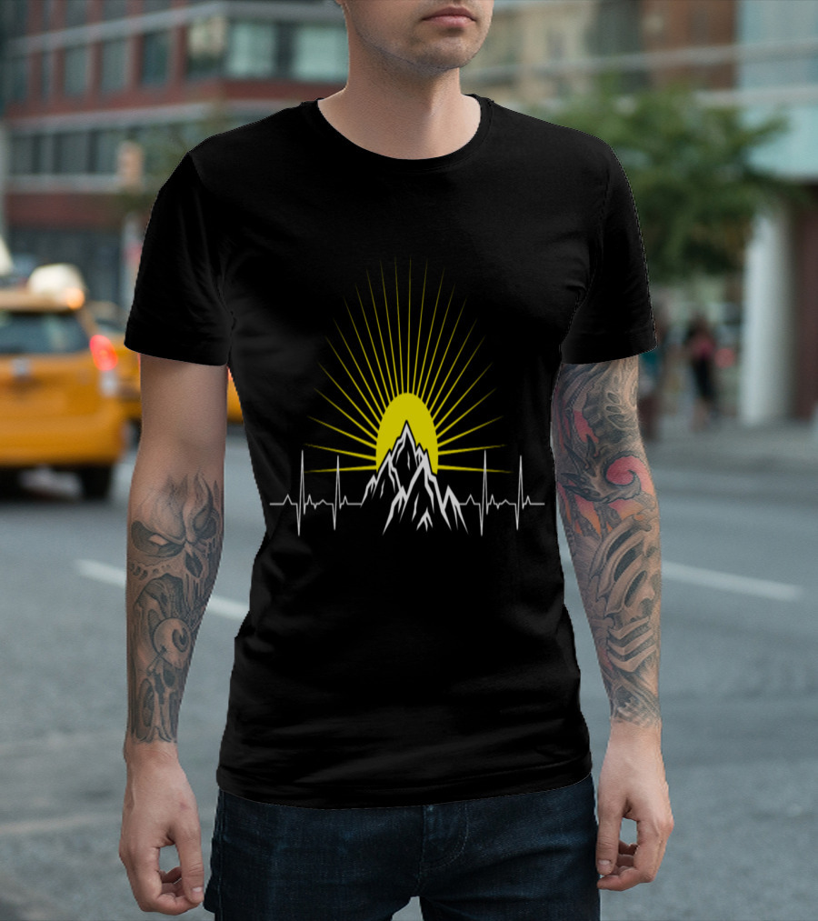 Mountain Sunrise Heartbeat Peaks with Radiant Sunburst Lines T-Shirt