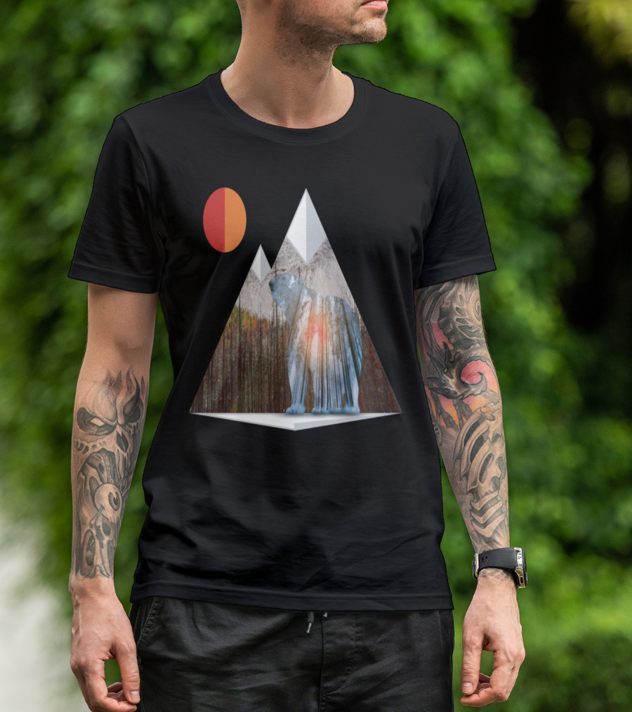 Bear In Mountain Forest Triangle With Red Sun T-Shirt