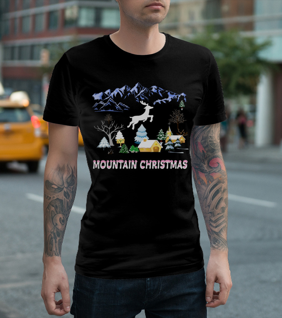 Mountain Christmas Reindeer in Snowy Village Scene T-Shirt