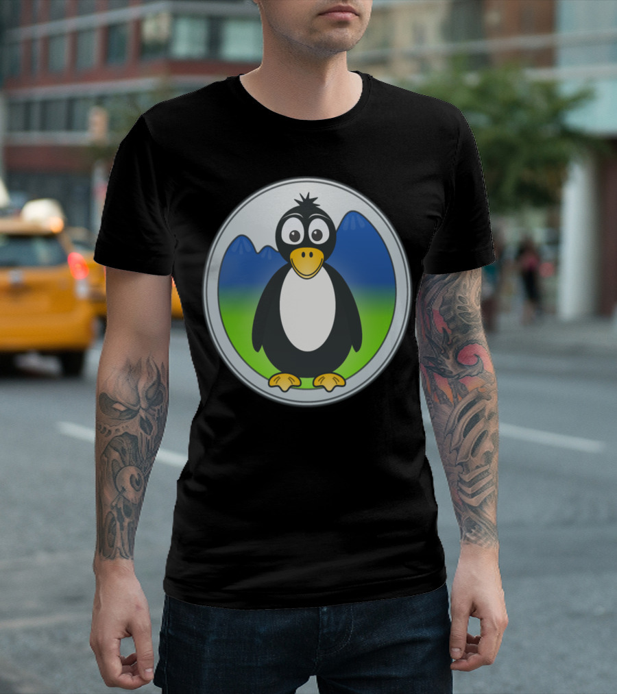 Penguin with Blue Mountains and Green Hills Circular Badge T-Shirt
