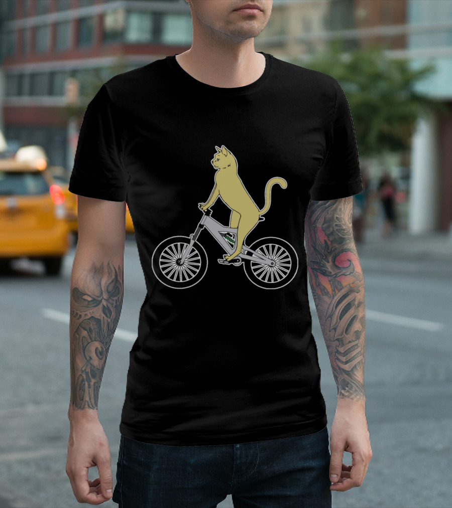 Standing Yellow Cat Riding Mountain Bike Iconic Image T-Shirt