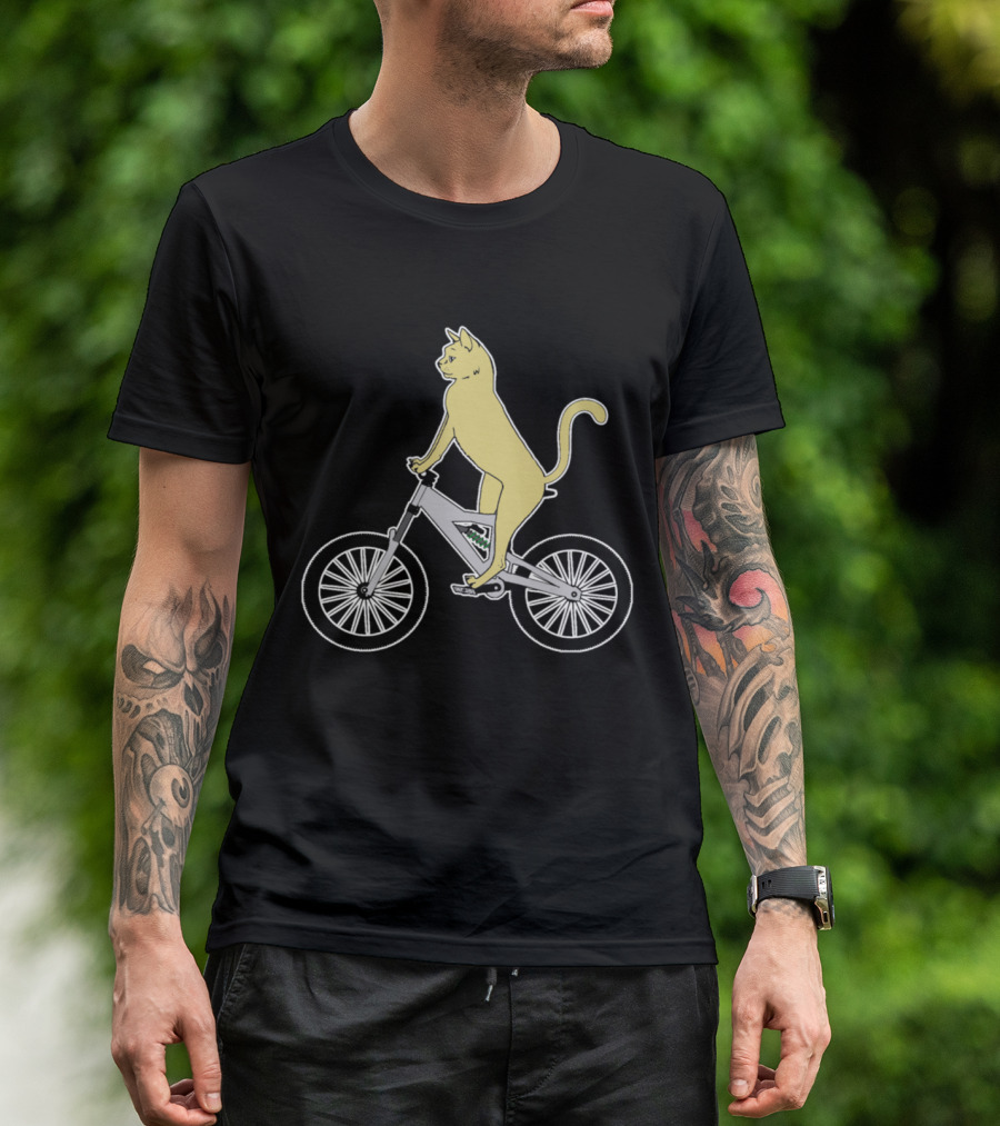 Standing Yellow Cat Riding Mountain Bike Iconic Image T-Shirt