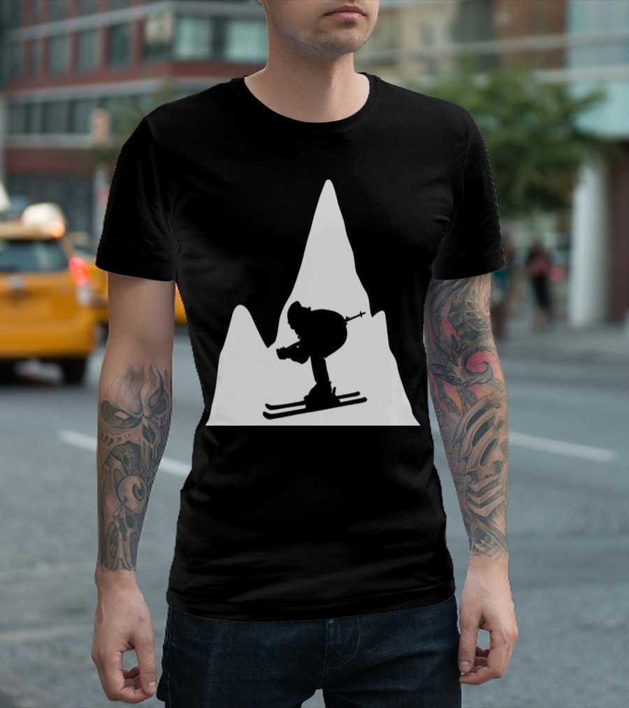 Skiing Adventure Silhouette Against Majestic Mountain Peaks T-Shirt