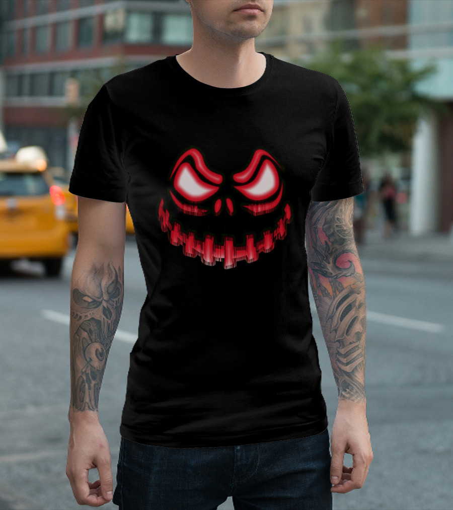 Halloween Evil Red Pumpkin Face With Glowing Eyes And Mouth T-Shirt