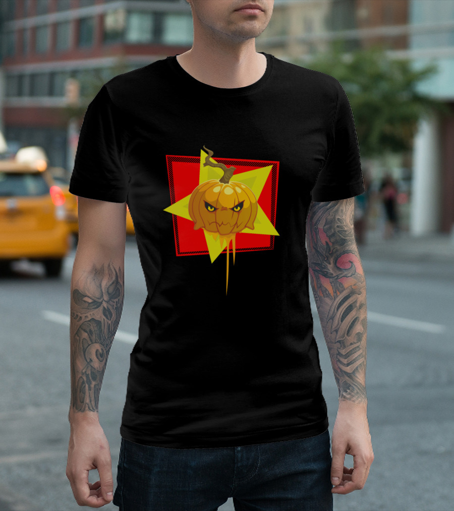 Cool Pumpkin Angry Expression Starburst Background T-Shirt